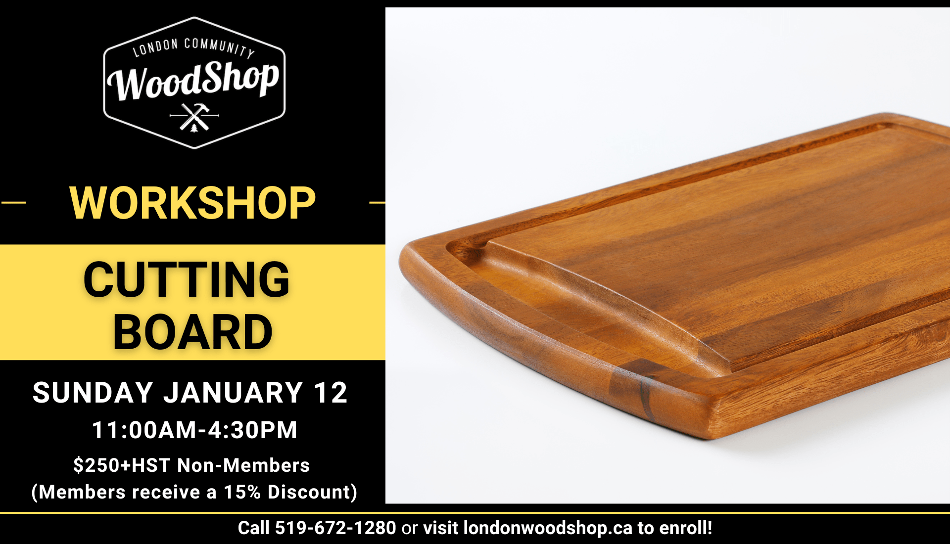 (Picture of cutting board) Cutting Board Workshop Sunday January 12 11am-4:3-am